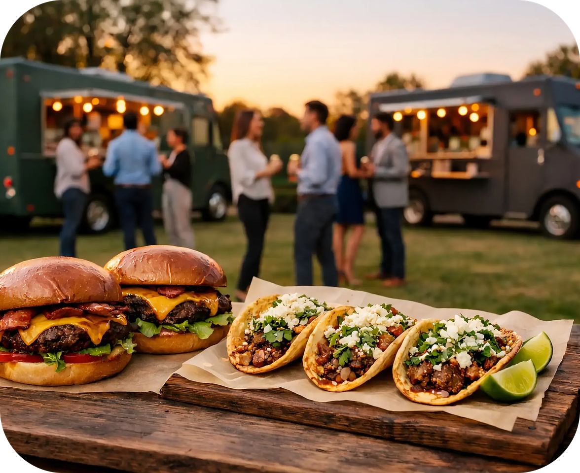 Outdoor company event with food trucks