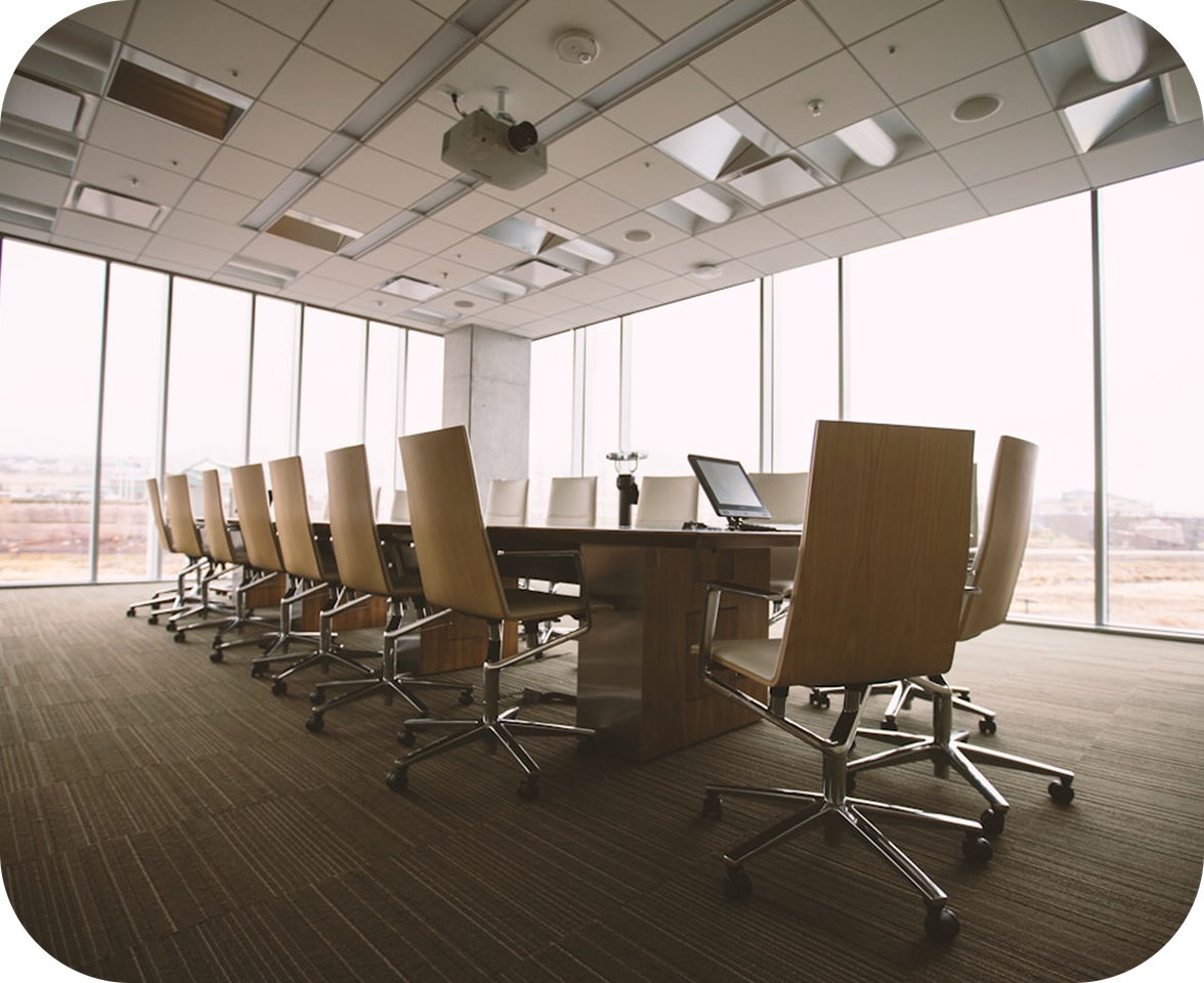 Bright meeting room set up for a team offsite