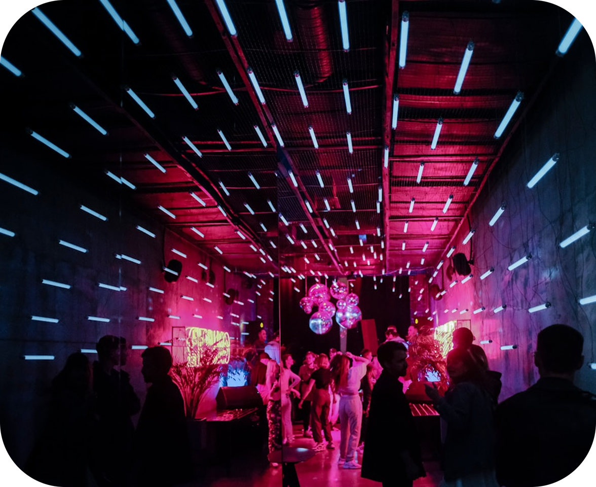 Corporate party venue with stage and lighting